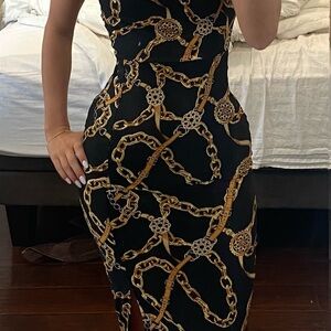 Guess Gold and Black Strapless Bodycon Dress
